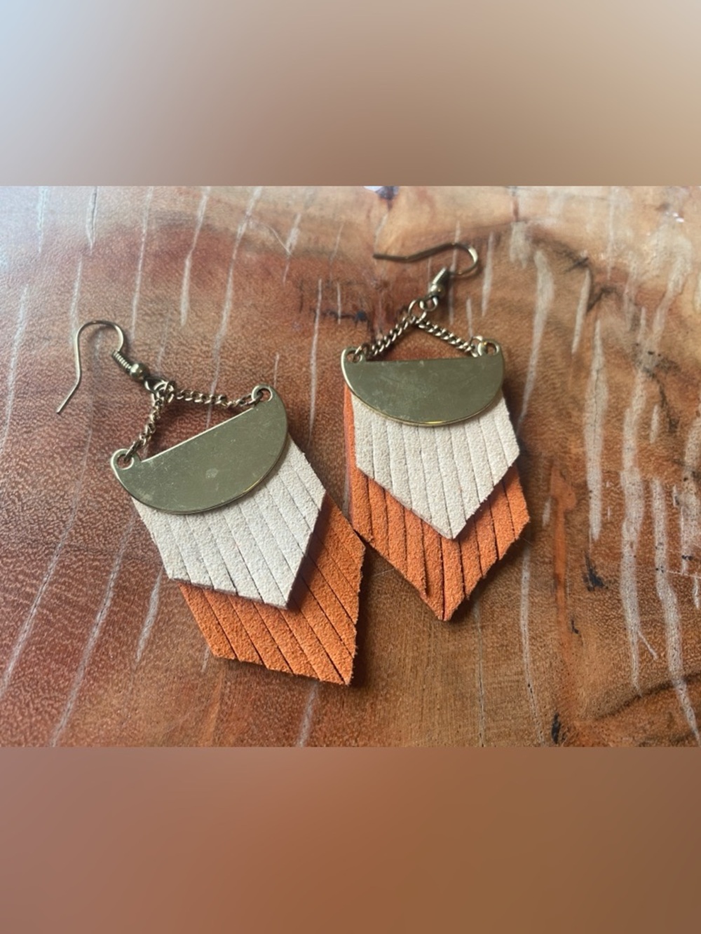 Layered Suede Fringe Earrings in Cream and Rust Bohemian Festival Hippie